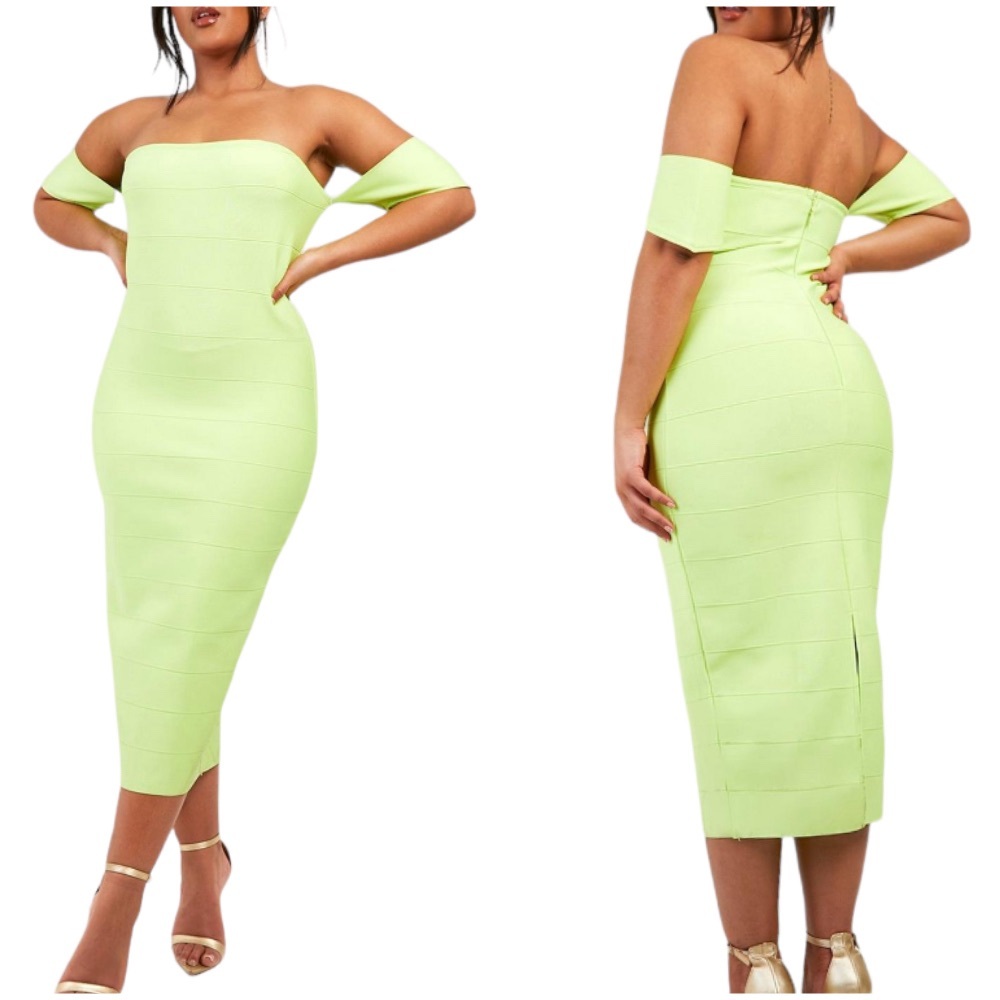 Off-Shoulder Midi Bodycon Dress in Lime Green